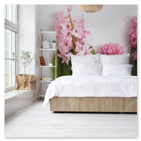 Schlafzimmer mit ruhigem Landschaftsmotiv